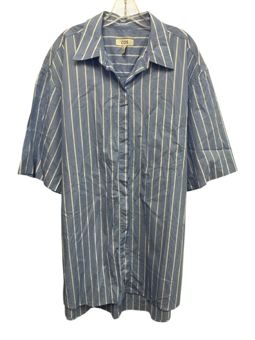 COS Size 14 Blue & White Cotton Collar Neck Striped Button Up 3/4 Sleeve Dress Blue & White / 14