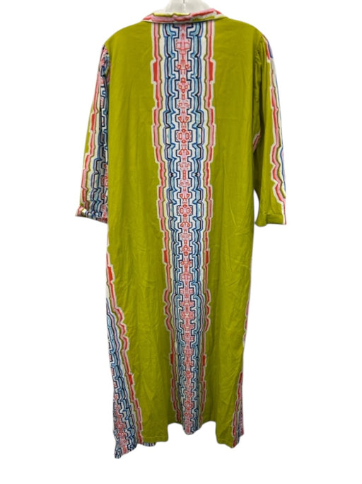 House of MBR Size 2 Green, Orange, Blue Cotton 3/4 Sleeve Split Neck Maxi Dress Green, Orange, Blue / 2