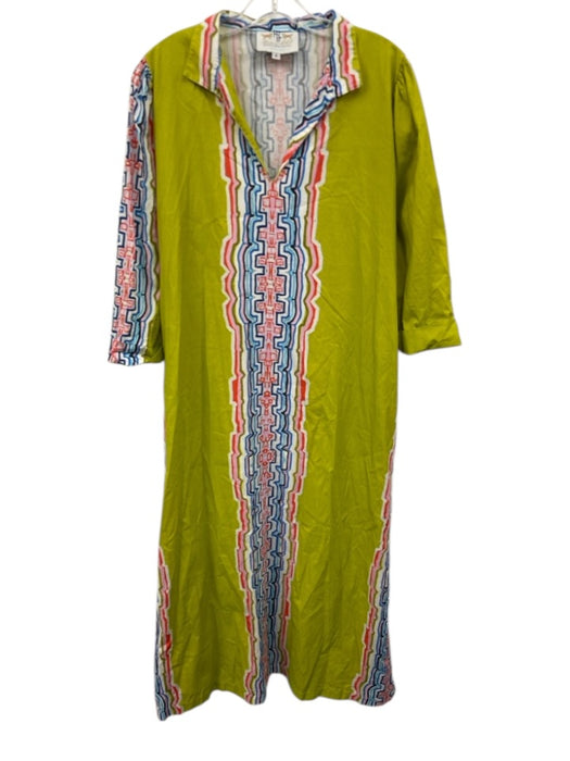 House of MBR Size 2 Green, Orange, Blue Cotton 3/4 Sleeve Split Neck Maxi Dress Green, Orange, Blue / 2
