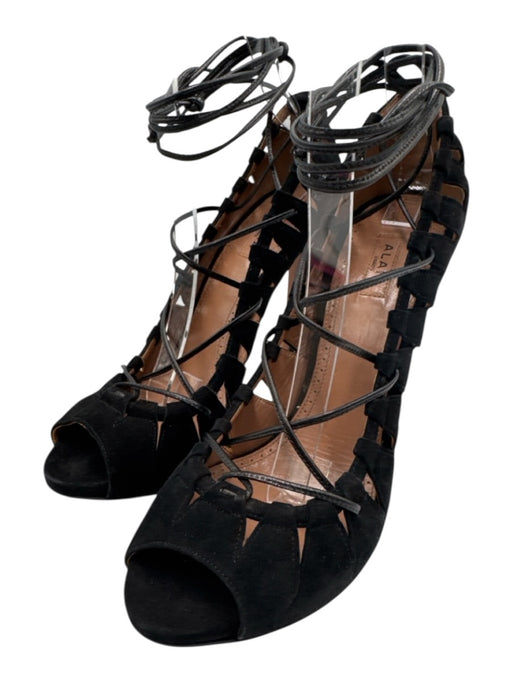 Alaia Shoe Size 39 Black Suede Ankle Tie Peep Toe Cut Outs Stiletto Pumps Black / 39