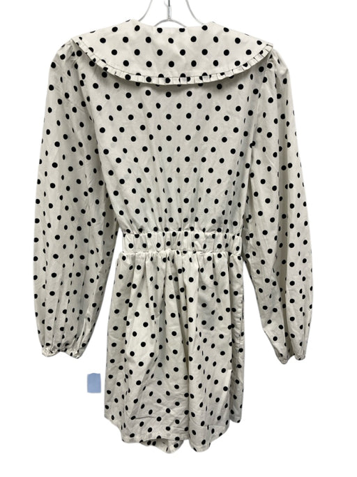 Camila Coelho Size XS White & Black Cotton Long Sleeve Polka Dot Pleated Romper White & Black / XS