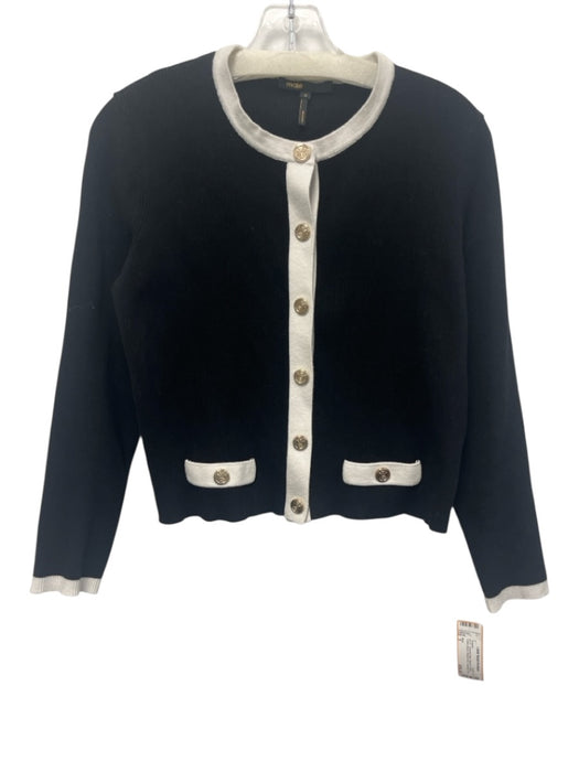 Maje Size 3 Black & White Cotton Blend Ribbed Knit Contrast Trim Crop Sweater Black & White / 3