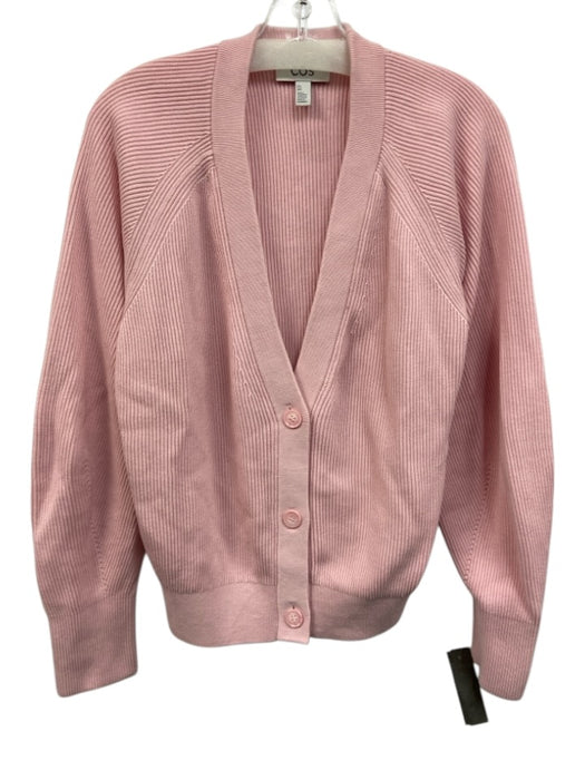 COS Size L Light Pink Cotton Ribbed Knit Button Front V Neck Cardigan Sweater Light Pink / L