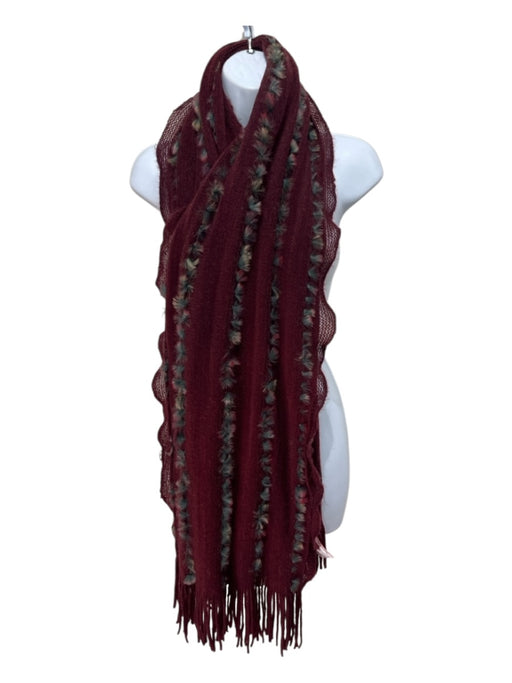 Belle Fare Burgundy & Brown Cashmere Blend Rabbit Trim Fringe Rectangle scarf Burgundy & Brown / L
