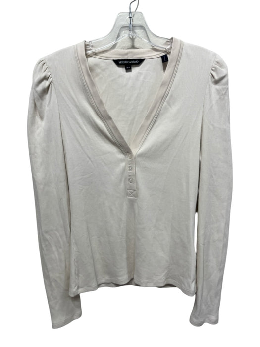 Veronica Beard Size M Beige Pima Cotton Rib Knit Button Detail V Neck Henley Top Beige / M