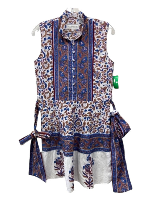 Sue Sartor Size S White, Blue & Brown Cotton Abstract Floral Pleated Dress White, Blue & Brown / S