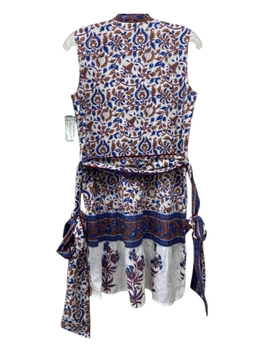 Sue Sartor Size S White, Blue & Brown Cotton Abstract Floral Pleated Dress White, Blue & Brown / S