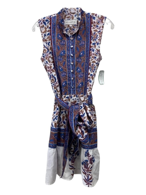 Sue Sartor Size S White, Blue & Brown Cotton Abstract Floral Pleated Dress White, Blue & Brown / S