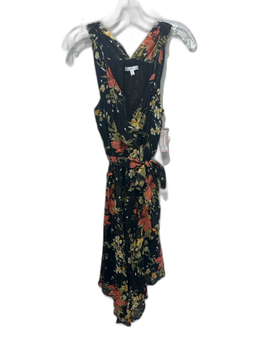 Joie Size XXS Black, Orange & Yellow Silk Metallic Thread Floral V Neck Dress Black, Orange & Yellow / XXS
