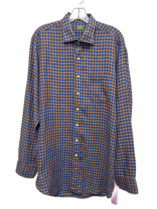 Sid Mashburn Size L Brown & Blue Linen Plaid Button Up Men's Long Sleeve Shirt Brown & Blue / L