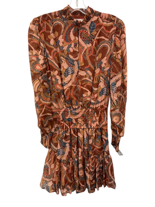 A.L.C. Size 0 Red & Multi Silk Long Sleeve Split Neck Floral Below knee Dress Red & Multi / 0