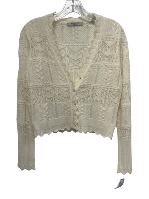 ALLSAINTS Size XS Cream Mohair Blend Open Knit Scalloped Edge V Neck Cardigan Cream / XS