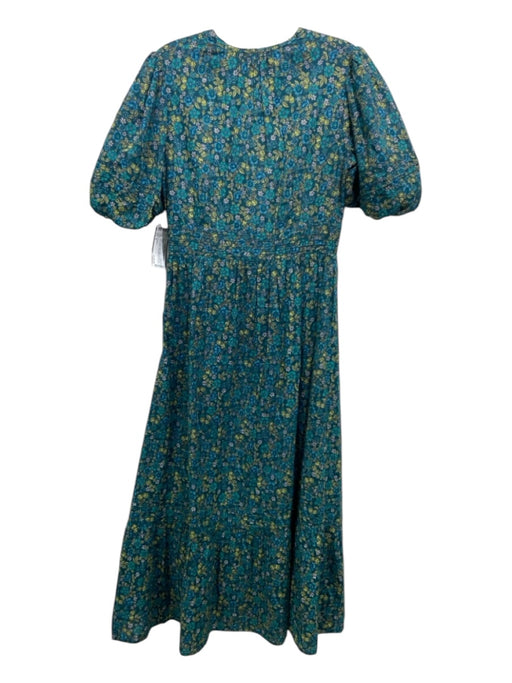 Banjanan Size S Teal & Green Print Cotton V Neck Puff Short Sleeve Midi Dress Teal & Green Print / S