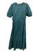 Banjanan Size S Teal & Green Print Cotton V Neck Puff Short Sleeve Midi Dress Teal & Green Print / S