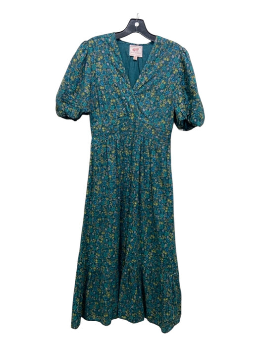 Banjanan Size S Teal & Green Print Cotton V Neck Puff Short Sleeve Midi Dress Teal & Green Print / S