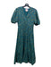 Banjanan Size S Teal & Green Print Cotton V Neck Puff Short Sleeve Midi Dress Teal & Green Print / S