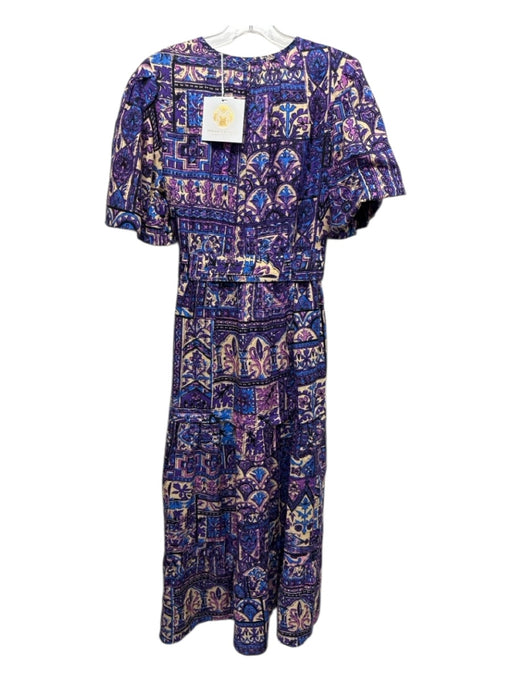 Marie Oliver Size 4 purple, blue, beige Linen Sash Geometric & Floral Maxi Dress purple, blue, beige / 4