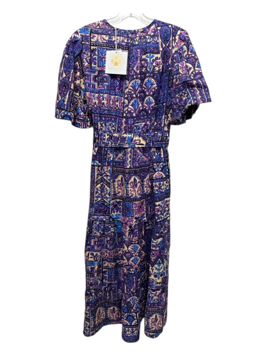 Marie Oliver Size 4 purple, blue, beige Linen Sash Geometric & Floral Maxi Dress purple, blue, beige / 4