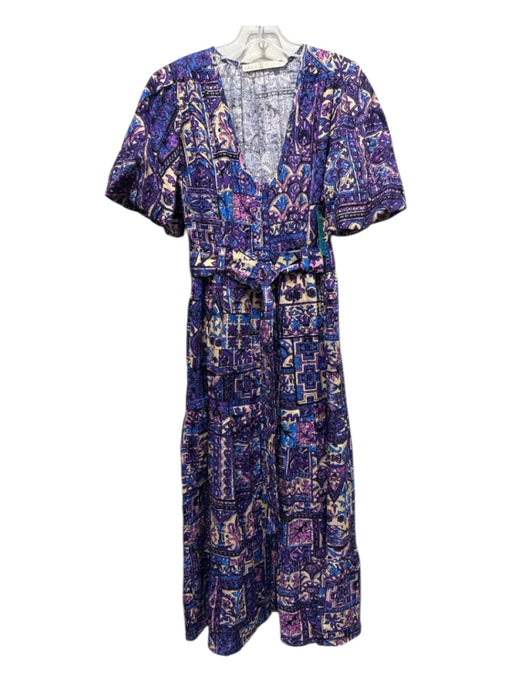 Marie Oliver Size 4 purple, blue, beige Linen Sash Geometric & Floral Maxi Dress purple, blue, beige / 4