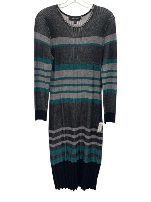 St. John Size Small Black, White, Teal Viscose Blend Long Sleeve Striped Dress Black, White, Teal / Small