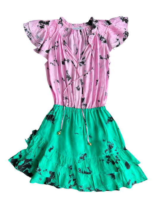 Karina Grimaldi Size Est S Pink & Green Silk Flutter Sleeves Tie Dye Dress Pink & Green / Est S