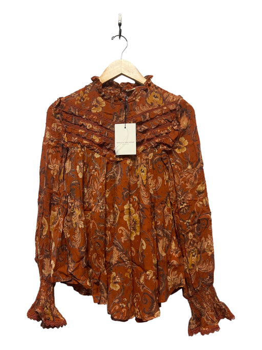 Spell & The Gypsy Size S Rust & Tan Viscose Long Sleeve Flowers Ruffles Top Rust & Tan / S