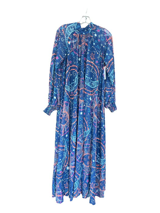 Aura Size S Blue & Orange Polyester Long Sleeve Astrology Neck Tie Maxi Dress Blue & Orange / S