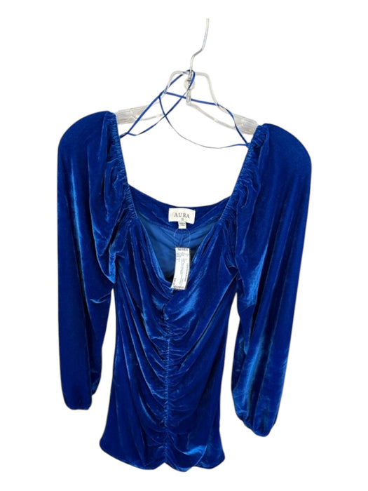 Aura Size L Blue Velvet Long Balloon Sleeve Gathered Front Dress Blue / L