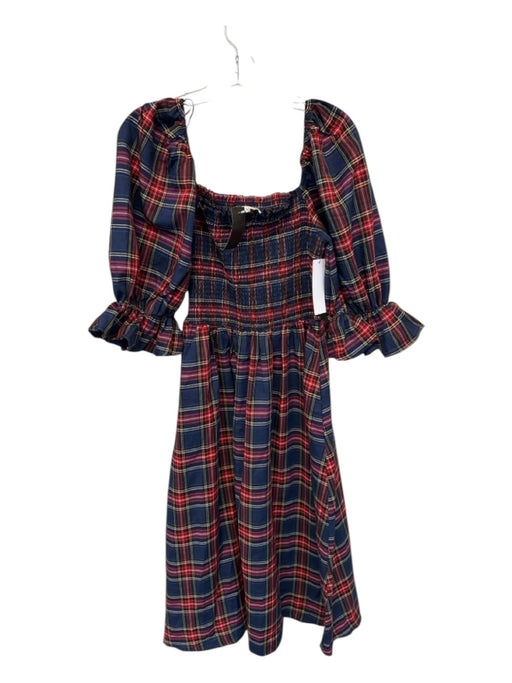 Aura Size L Navy & Red Polyester & Cotton Long Balloon Sleeve Plaid Belted Dress Navy & Red / L