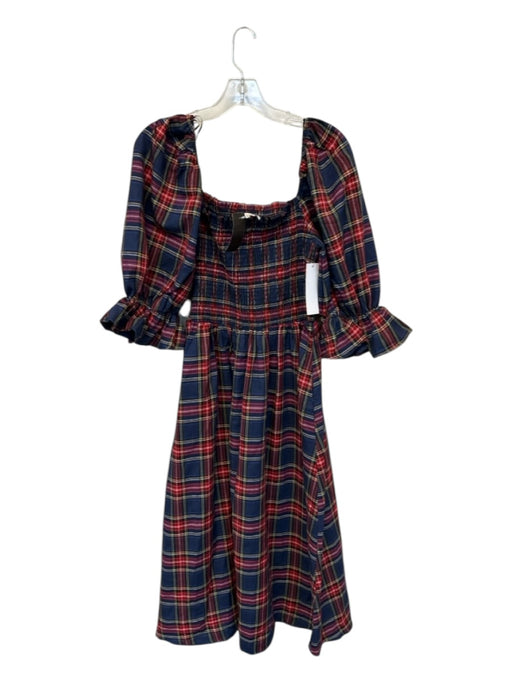 Aura Size L Navy & Red Polyester & Cotton Long Balloon Sleeve Plaid Belted Dress Navy & Red / L