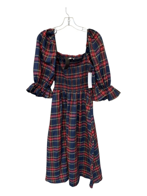 Aura Size L Navy & Red Polyester & Cotton Long Balloon Sleeve Plaid Belted Dress Navy & Red / L