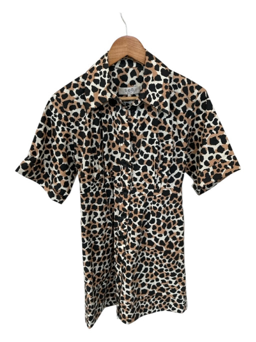Sea New York Size 2 Tan & black Cotton Short Sleeve Animal Print Collar Dress Tan & black / 2