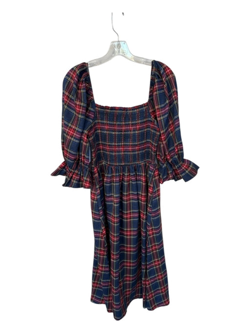 Aura Size L Navy & Red Cotton 3/4 Balloon Sleeve Plaid Smocked Maxi Dress Navy & Red / L