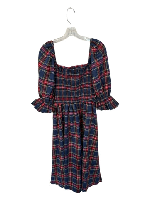 Aura Size L Navy & Red Cotton 3/4 Balloon Sleeve Plaid Smocked Maxi Dress Navy & Red / L