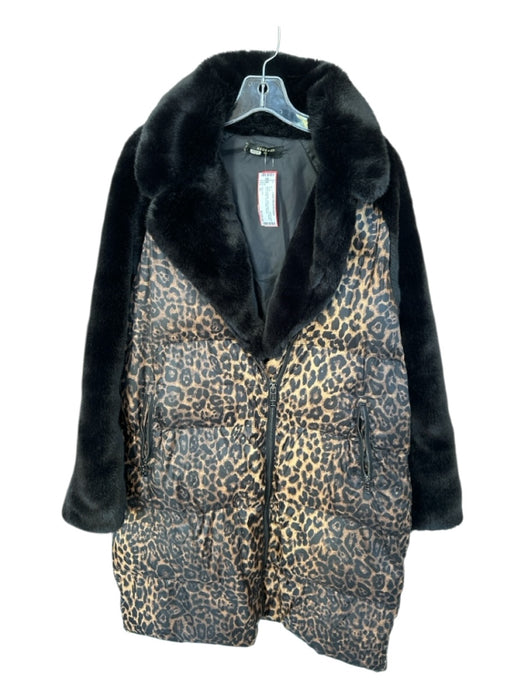 Heurueh Size XL Black & Brown Nylon Faux Fur Animal Print Puffer Coat Black & Brown / XL