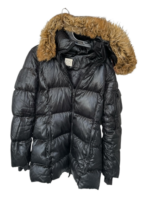 S13 New York Size Est M Black & Brown Nylon Down Fill Removable Hood Puffer Coat Black & Brown / Est M