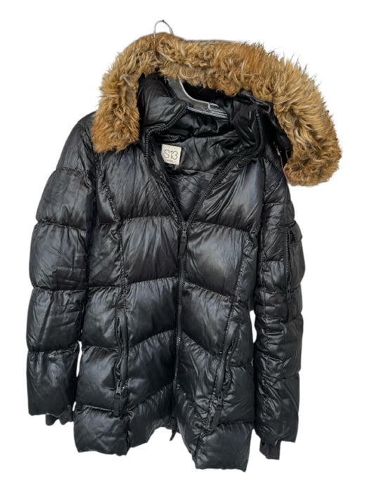 S13 New York Size Est M Black & Brown Nylon Down Fill Removable Hood Puffer Coat Black & Brown / Est M