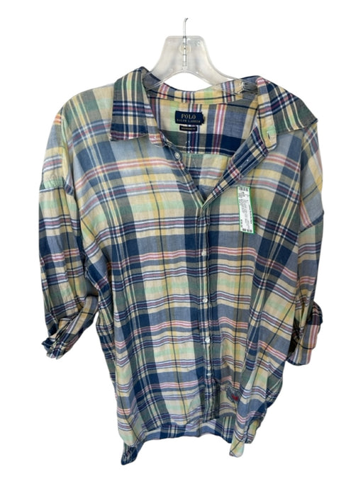 Polo Ralph Lauren Size Est L Navy & Multi Cotton Plaid Patchwork Long Sleeve Top Navy & Multi / Est L