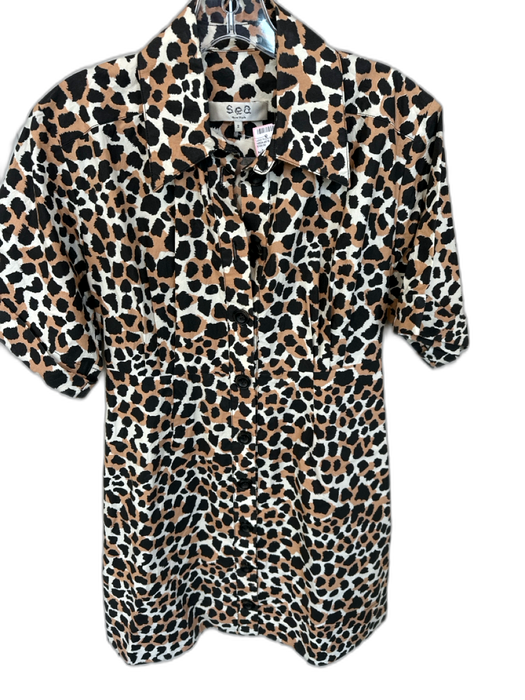 Sea New York Size 2 Tan & black Cotton 3/4 Sleeve Animal Print Collar Dress Tan & black / 2