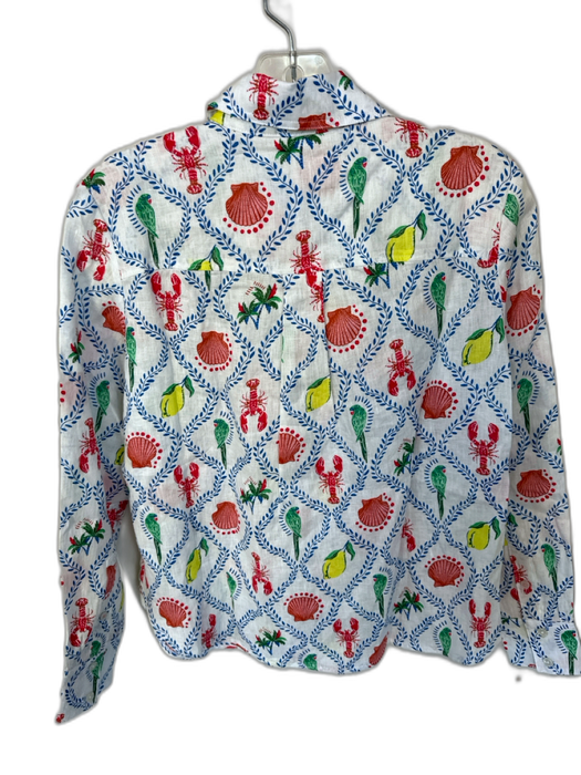 Boden Size 4P Red & Navy Linen Long Sleeve Birds Seashells Button Down Top Red & Navy / 4P