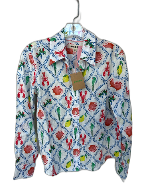 Boden Size 4P Red & Navy Linen Long Sleeve Birds Seashells Button Down Top Red & Navy / 4P