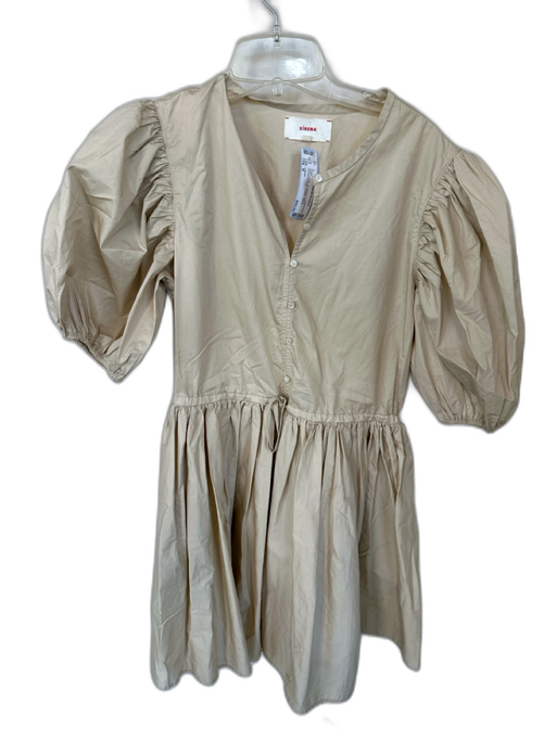 XiRENA Size M Khaki Cotton 3/4 Balloon Sleeve Drawstring Waist Pleated Dress Khaki / M