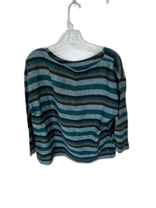 Eileen Fisher Size S Teal & Navy Linen Long Sleeve Striped Boatneck Top Teal & Navy / S