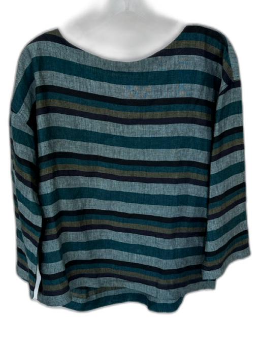 Eileen Fisher Size S Teal & Navy Linen Long Sleeve Striped Boatneck Top Teal & Navy / S