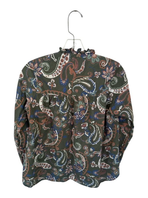 Mille Size XXS Green & Navy Cotton Long Balloon Sleeve Flowers Ruffle collar Top Green & Navy / XXS