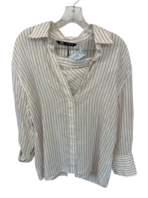 Zara Size M White & Brown Viscose Long Sleeve Striped Open Back Short Set White & Brown / M