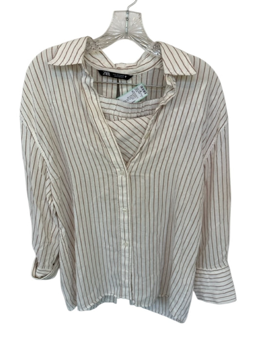 Zara Size M White & Brown Viscose Long Sleeve Striped Open Back Short Set White & Brown / M