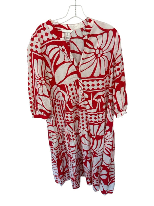 H&M Size M red & cream Cotton Long Sleeve Abstract Buttons Maxi Dress red & cream / M