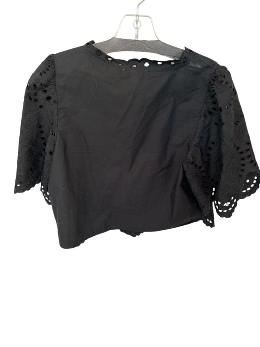 Moon River Size M Black Cotton Short Sleeve Eyelet Front Tie Scalloped Hem Top Black / M