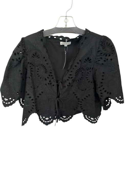 Moon River Size M Black Cotton Short Sleeve Eyelet Front Tie Scalloped Hem Top Black / M